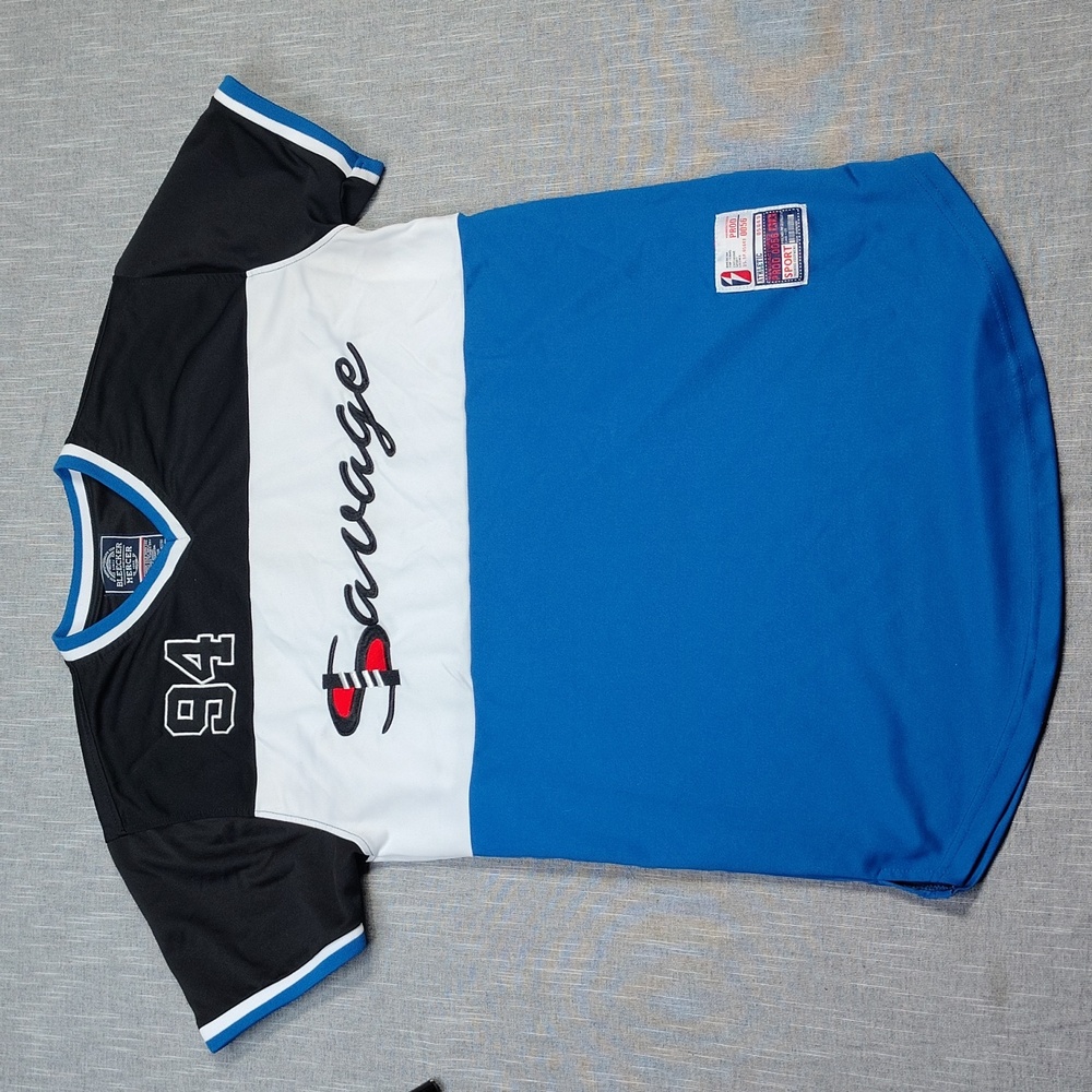Bleecker Mercer Savage Jersey Shirt Size Large Blue White Black Spell Out - Picture 1 of 11